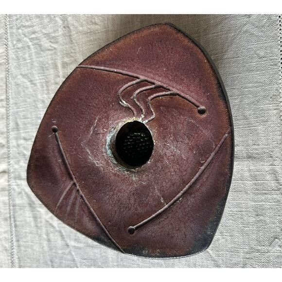 Vintage Ikebana Ceramic Flower Vase Handmade, Painted, Signed. Copper Stand 7x2” - Picture 1 of 13